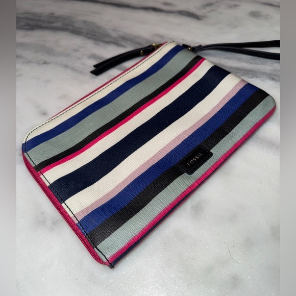 Fossil Zippered Clutch Bag Coated Canvas w/ Stripes Grey Pink Blue and Black - Picture 2 of 5